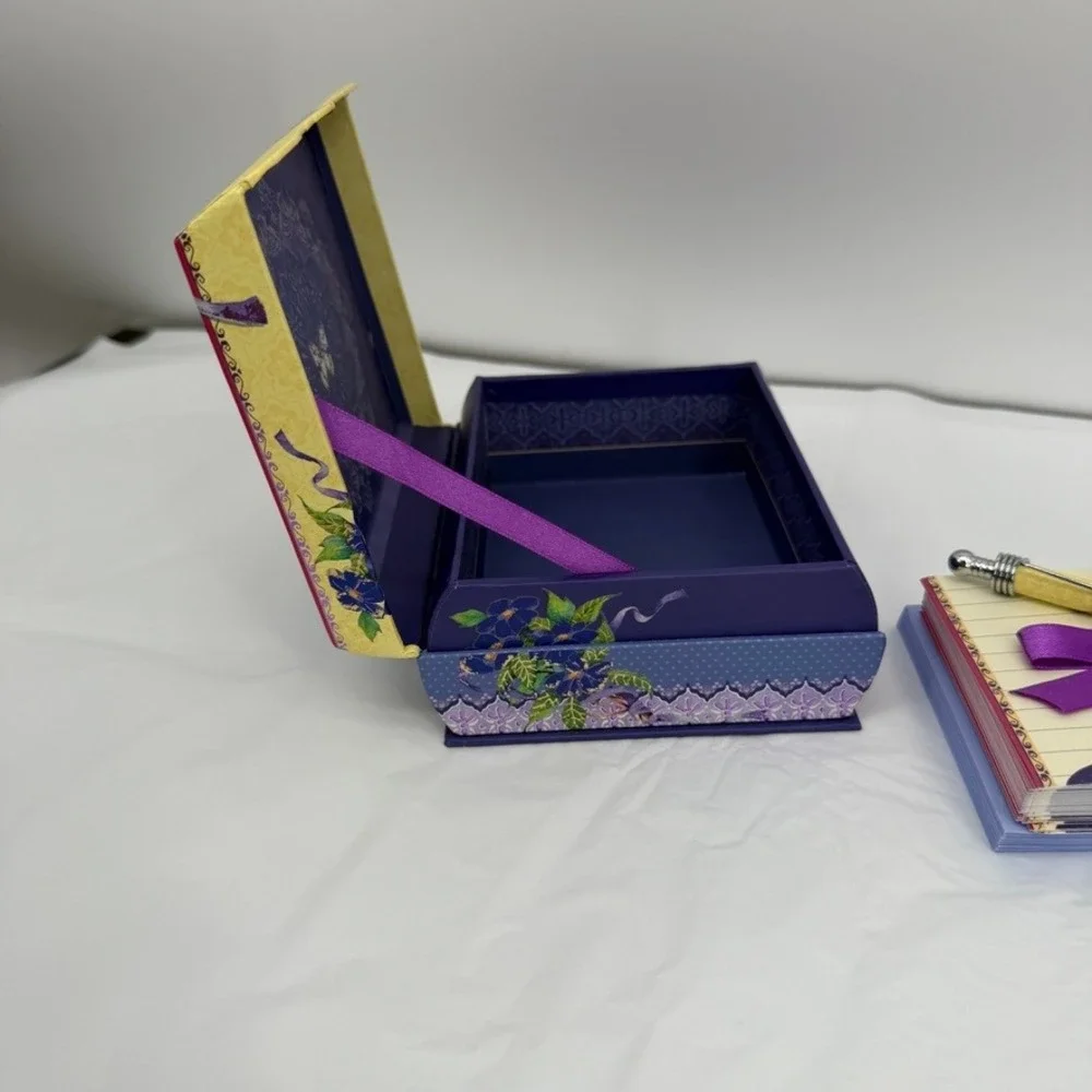 Pictura Stationery Set Butterfly Floral Purple Blue Keepsake Box w/ Pen NEW